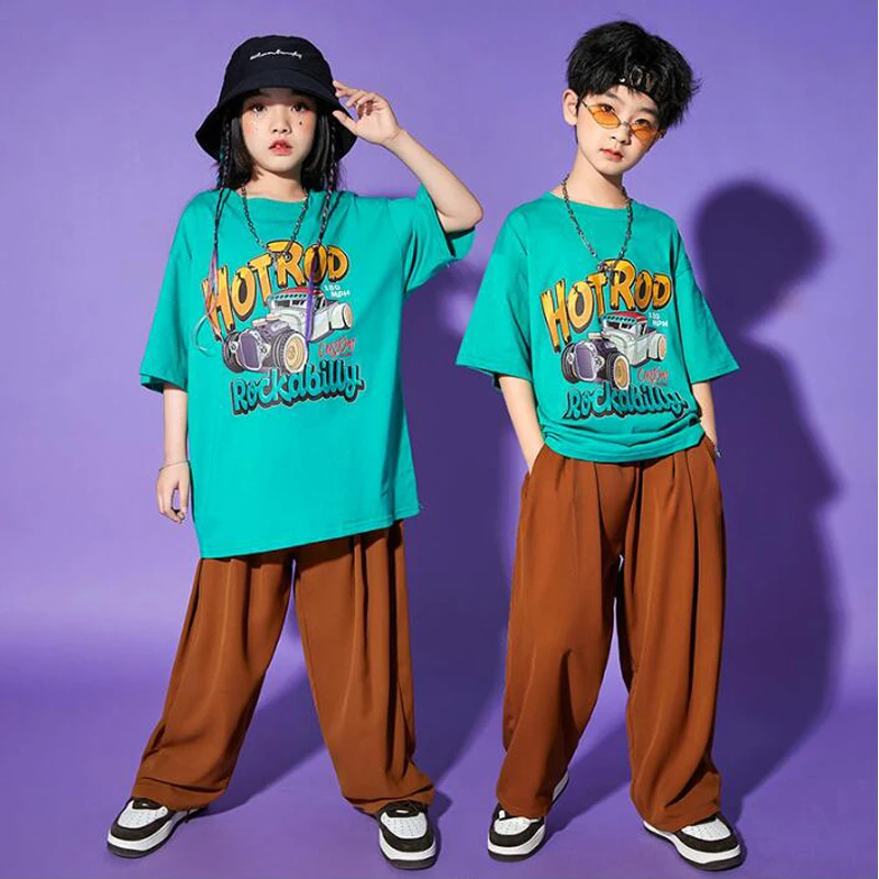 Trajes de Kpop para niños, ropa de Hip Hop, camiseta verde, ropa de calle informal, pantalones de sudor para niña, ropa de baile de Jazz, disfraz de espectáculo