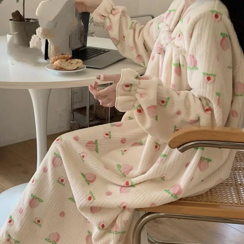 

Woman Coral Velvet Pajamas Dress Girl Kawaii Loose Sweet Long Sleeves Sleepwear Bathrobe Leisure Wear Four Seasons Home Clothes