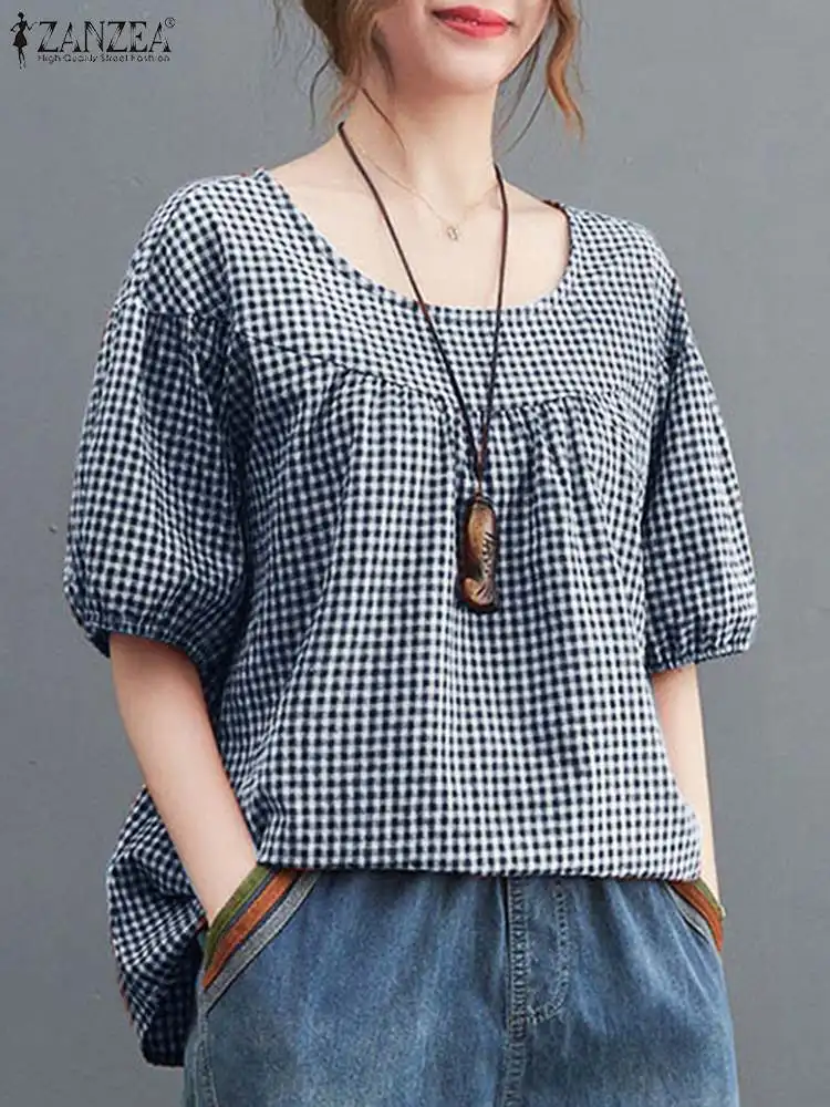 ZANZEA Short Sleeve Baggy Shirt O Neck Checked Vintage Loose Blusas Chemise Plaid Women Fashion Casual Tops Tunic Summer Blouse