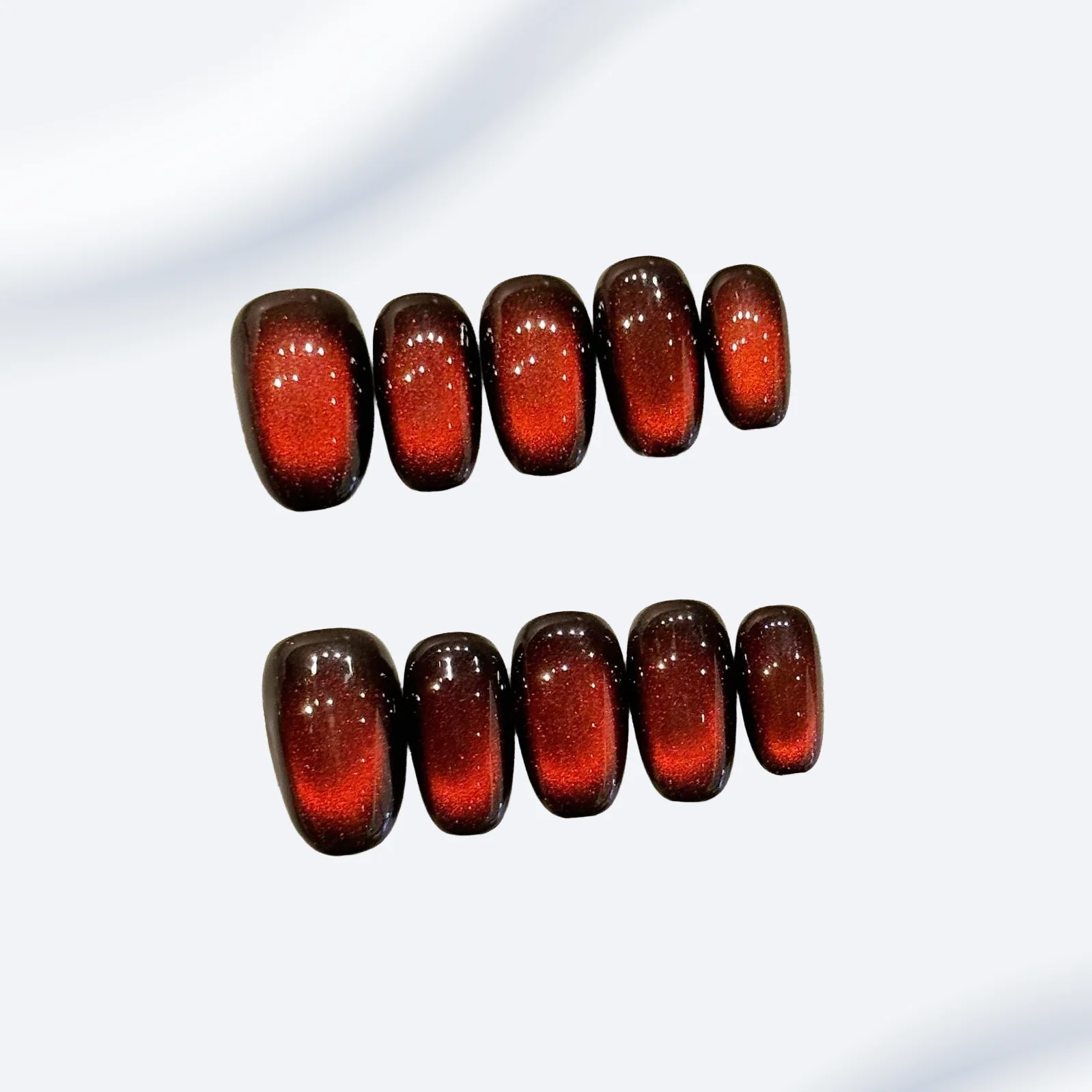 

10pcs Short Oval Handmade Nails Deep Red Glitter Press-On Nails Glitter Cat Eye Effect Full Coverage Nail Tips for Women&Girl