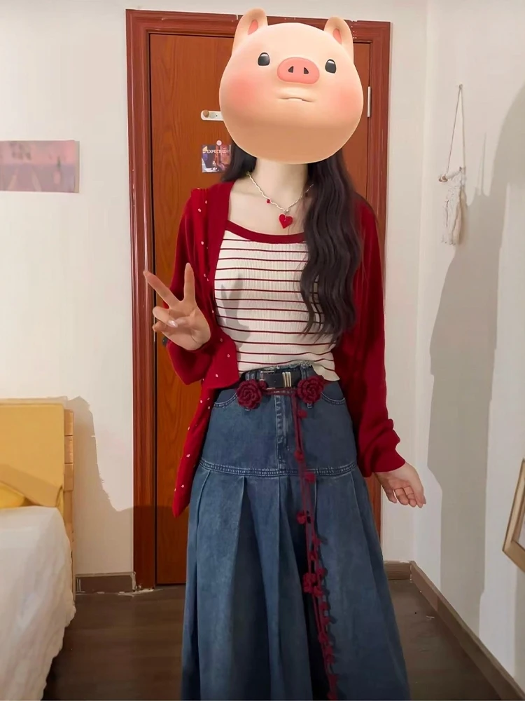 

Spring Faion plus Size Women's Knitted Cardigan And Denim Skirt Set Tee Pieces Ensemble Casual Wear High Waist