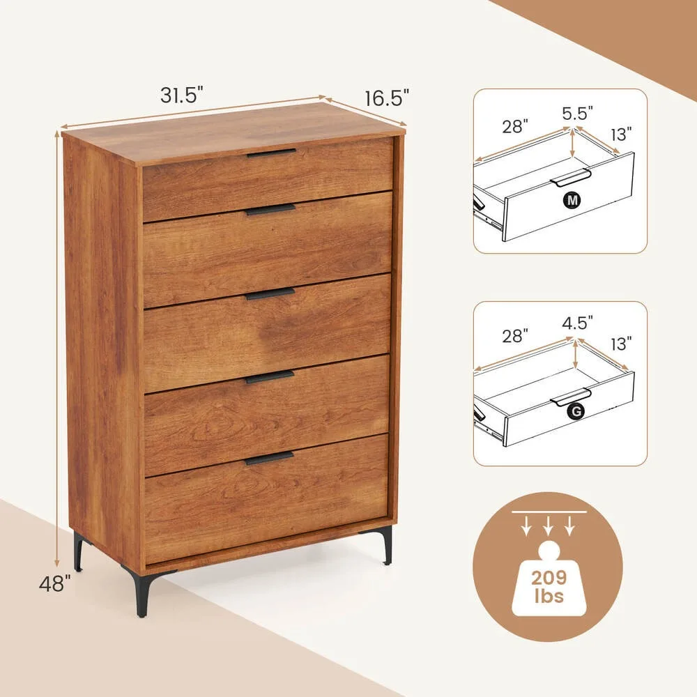 5-Drawer Dresser with Interlock System Metal Support Legs & Anti-tipping Kit