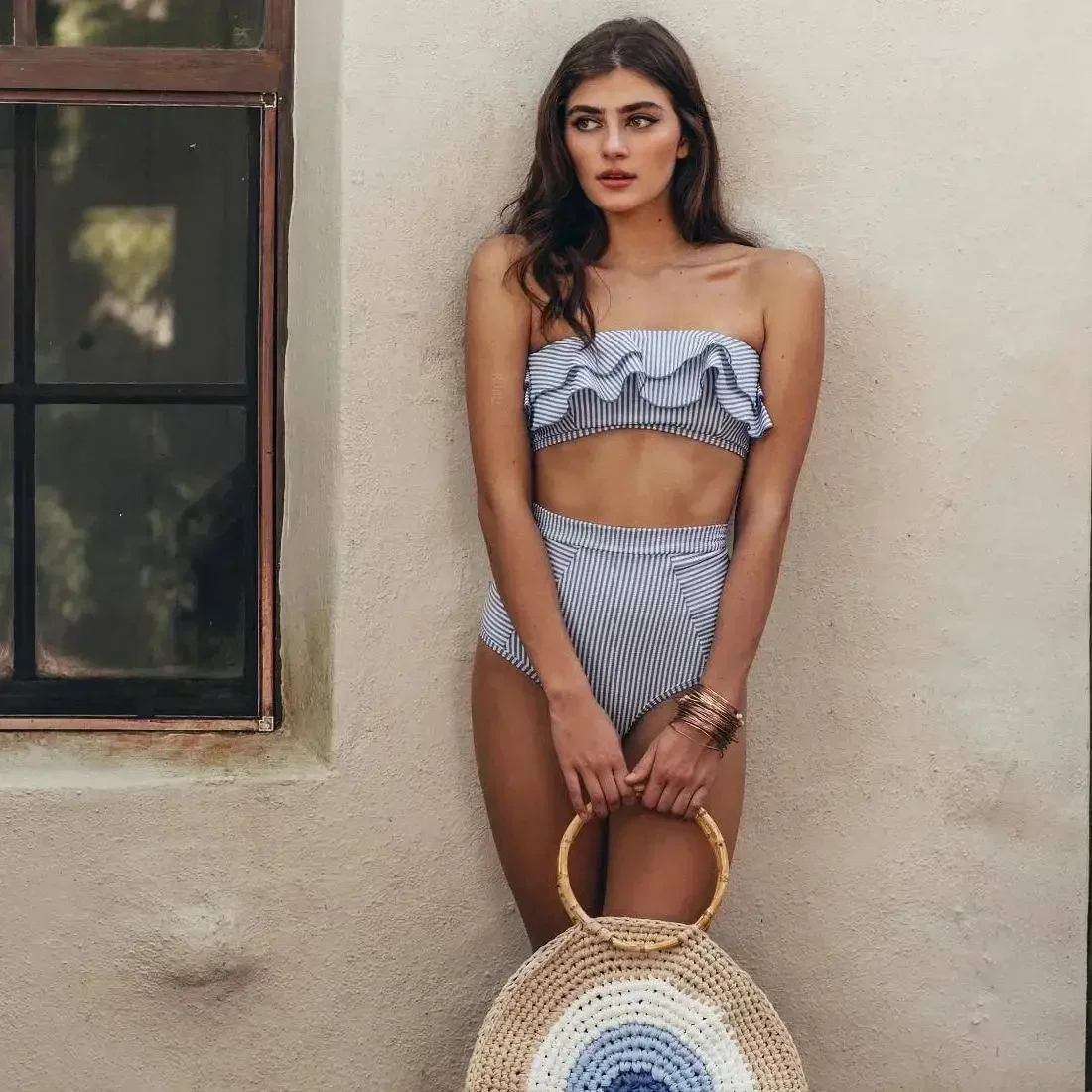 เซ็กซี่Retroสีฟ้าสีขาวลายBandeauบิกินี่ 2024 Ladyชุดว่ายน้ําผู้หญิงชุดว่ายน้ําหญิงRuffle Ruchedชุดว่ายน้ําว่ายน้ํา