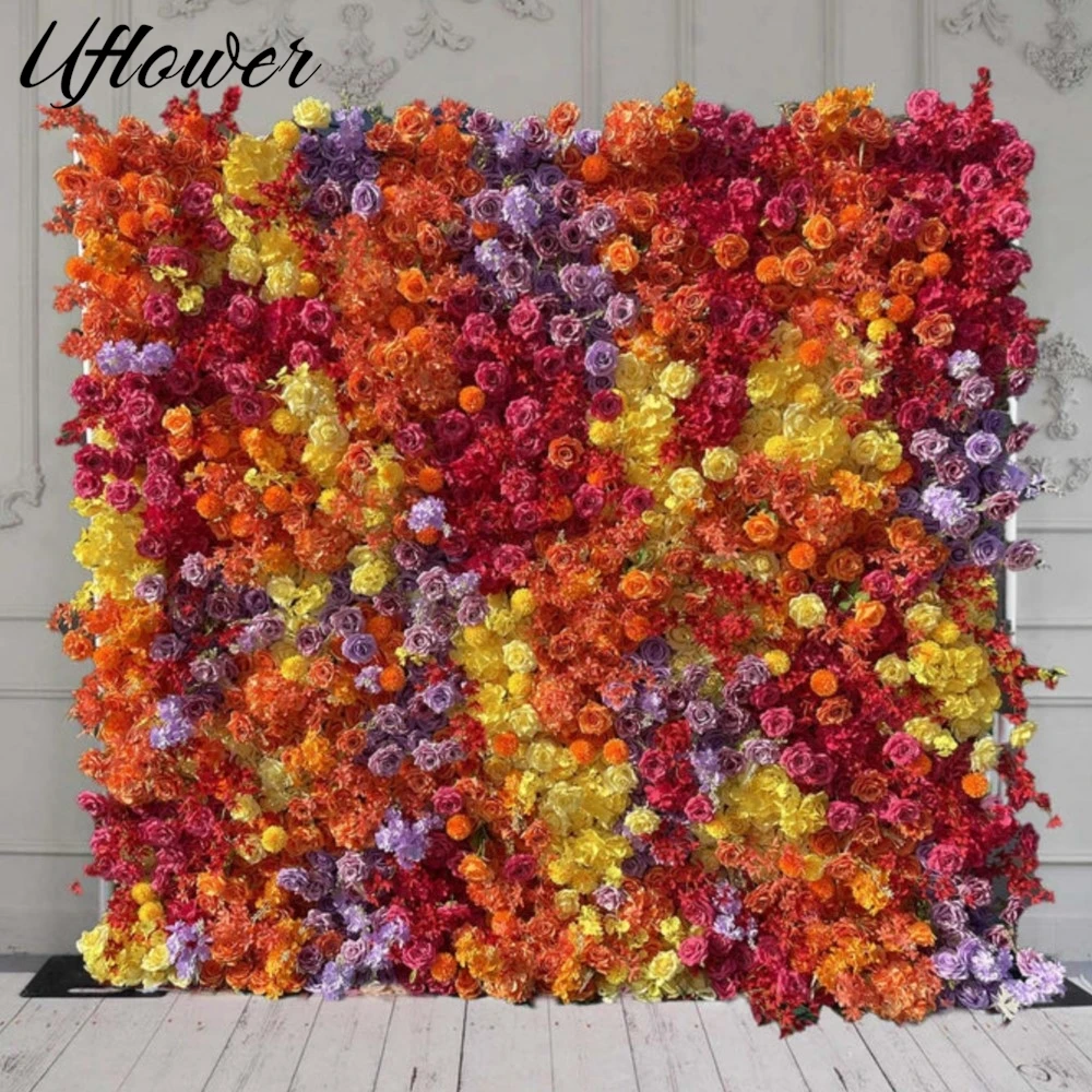 مجموعة Uflower الخريف الفاخرة البرتقالية الوردية الصفراء الكوبية نبات اصطناعي زهرة جدار خلفية حفل زفاف في الهواء الطلق
