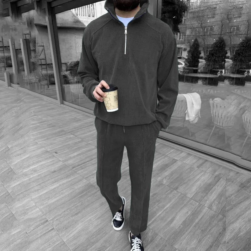 Frühling Herbst Herren Cord Zweiteiler Set Stehkragen Halb-Reißverschluss-Pullover Passende Hose Europäisch-Amerikanischer Trendiger Loser Lässiger Outfit – Detail 10