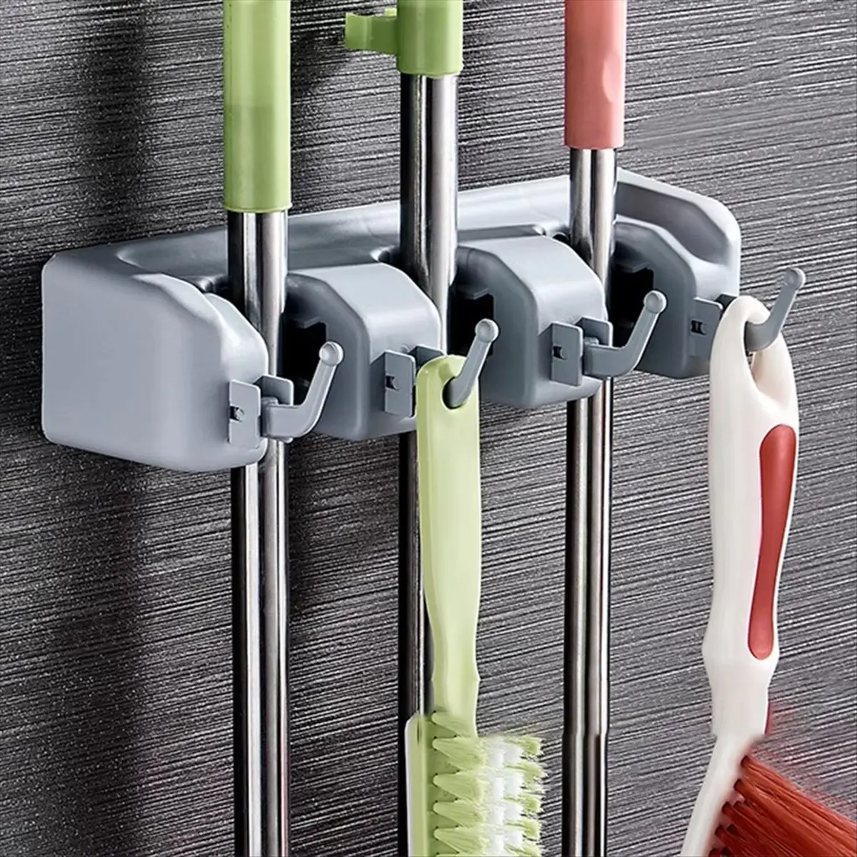 N14R Top Mop and Broom Holder Wall Mount with Slots & Hooks Broom Hanger Storage Utility Rack for Home Kitchen Garden Laundry