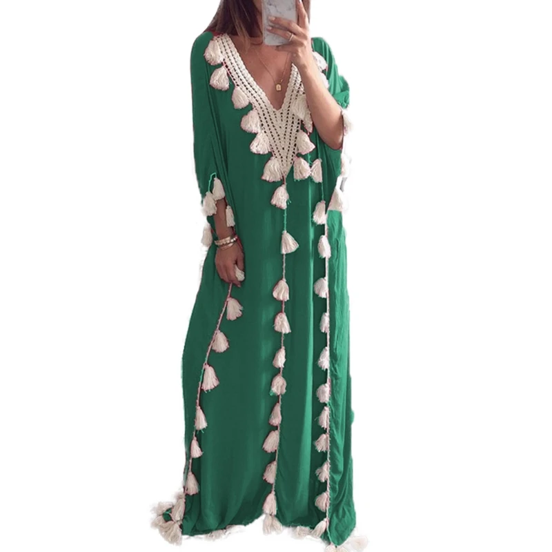 Womens árabe islâmico dubai kaftan meia manga sexy profundo com decote em v muçulmano maxi vestido longo robe borlas guarnição turquia casual solto acima