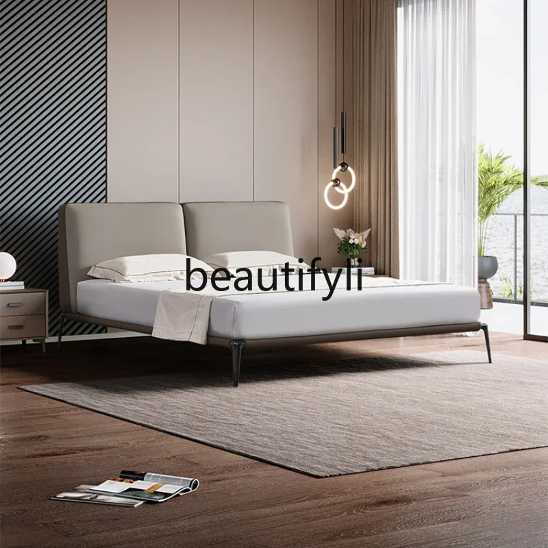 E182 Leather bed First layer cowhide stainless steel master bedroom bed Double Italian minimalist leather bed
