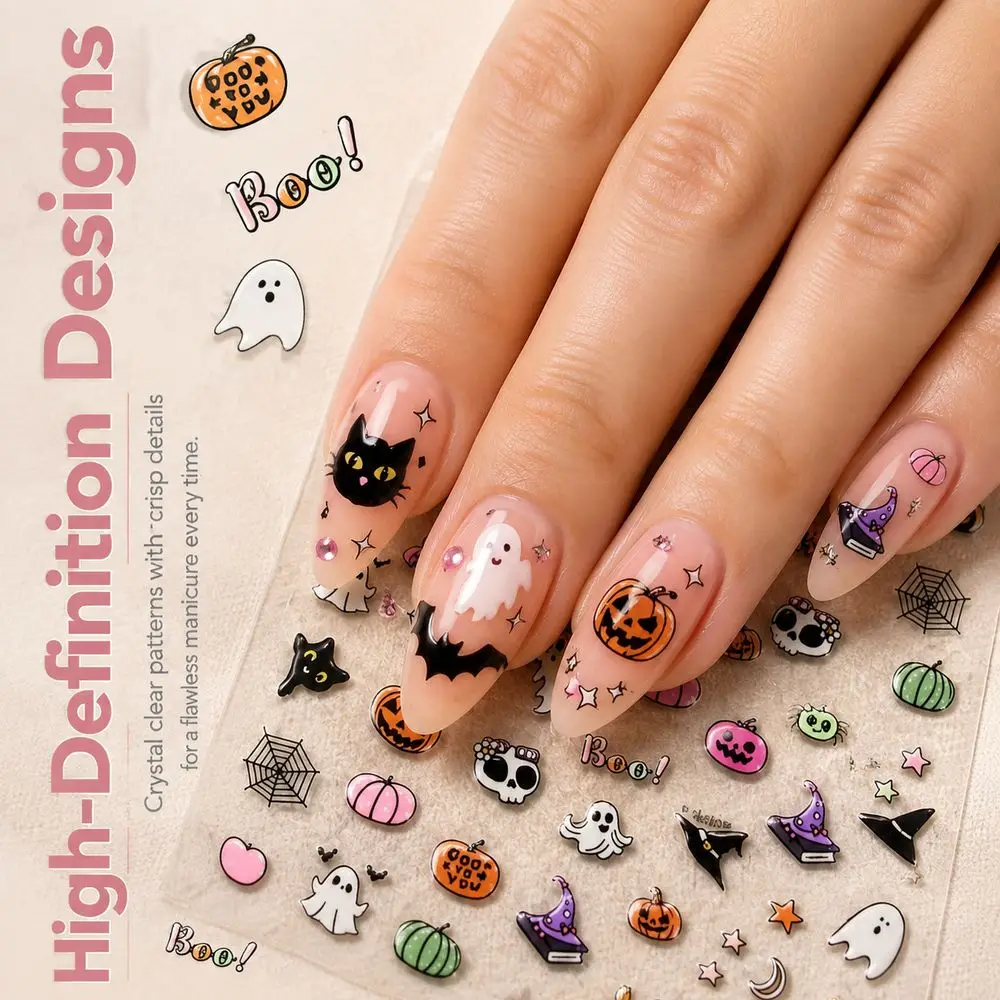 1Pc Halloween DIY Nail Art Stickers 5D Embossed Texture Ghost Skull Witch Hat Bat Pumpkin Self‑Adhesive Decoration Accessories