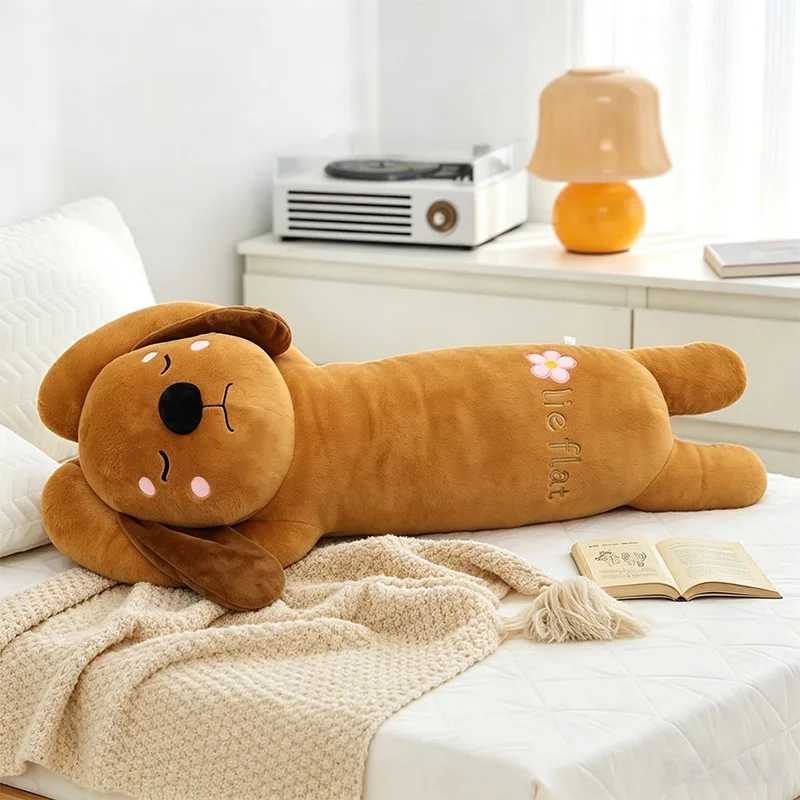 Adorable Long Strip Flat-Lying Dog Plush Toy Throw Pillow Cute Puppy Sleeping on Side Leg Doll for Kids Birthday and Christmas