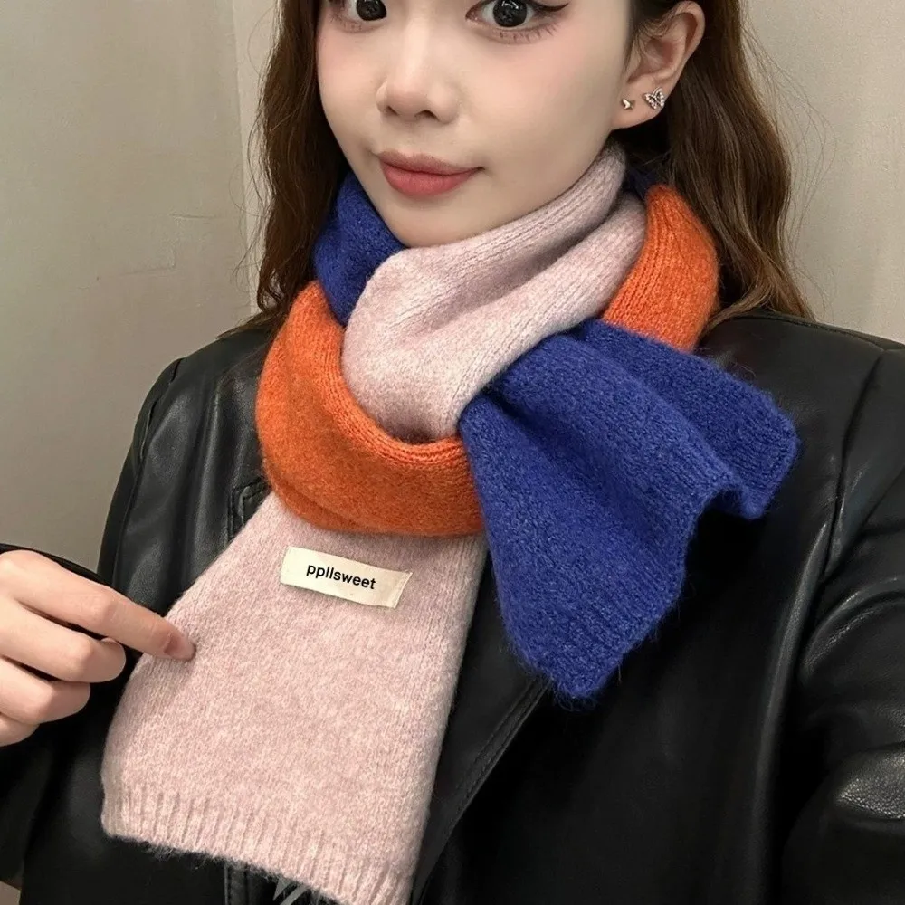 Contrast-Color Knitted Scarf Patchwork Design Warm Material Neck Warmer Versatile Styling Fall Winter Weight Knit Neck Wrap