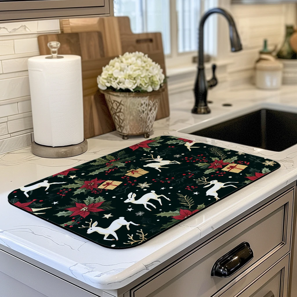 Large Kitchen Absorbent Mat Christmas Holly Antiskid Draining Coffee Dish Drying Mat Quick Dry Bathroom Drain Pad Tableware Mat