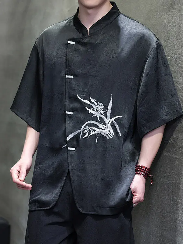 

New Chinese Sle Men's Large Size Silk Satin Cool Feeling Orchid Embroidery ort Sve Top Improved Hanfu Thin Tang Costum...