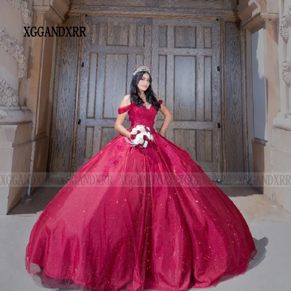 Bourgogne XV Quinceanera Robe 2025 Rouge Robe De 15 Años Quinceañeras Sparkly Sweetheart Dentelle Applique Doux 16 Robe Princesse