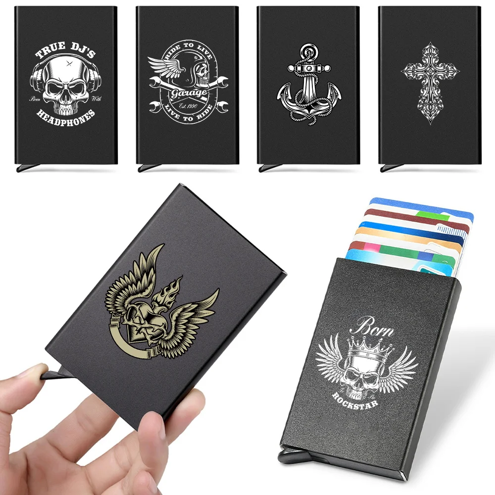 

Card Holder Wallet Minimalist Slim Metal RFID Blocking Card Protector Pop Up Credit Card Wallets for Men Women Skull Pattern