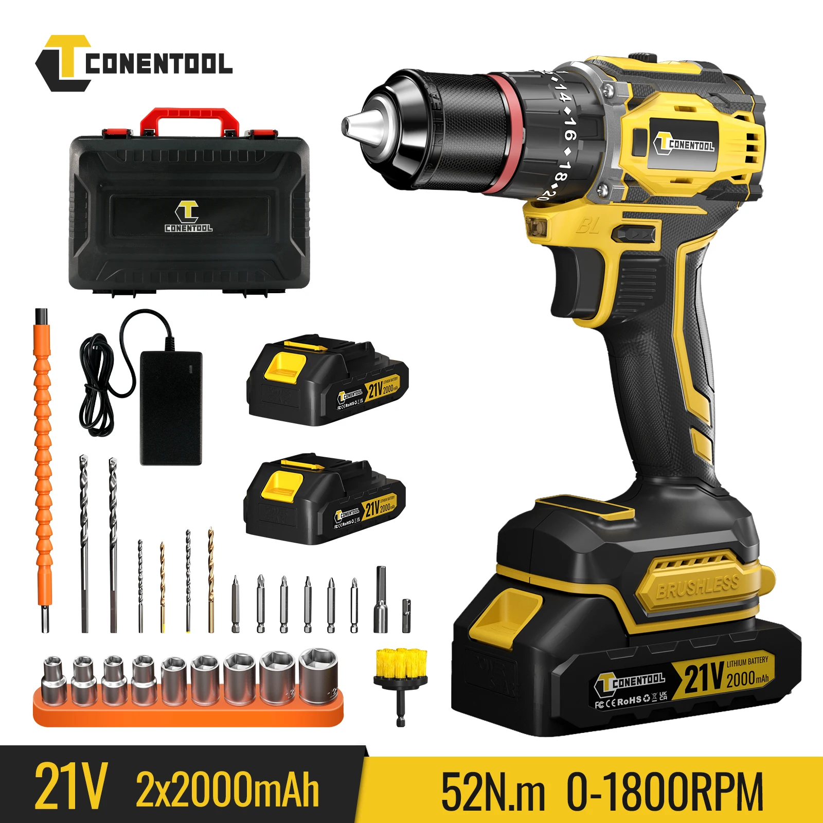 3-in-1 Cordless Electric Drill Driver, 34pcs Brushless Screwdriver Set with Battery+Charger, High Performance Power Tool in Case