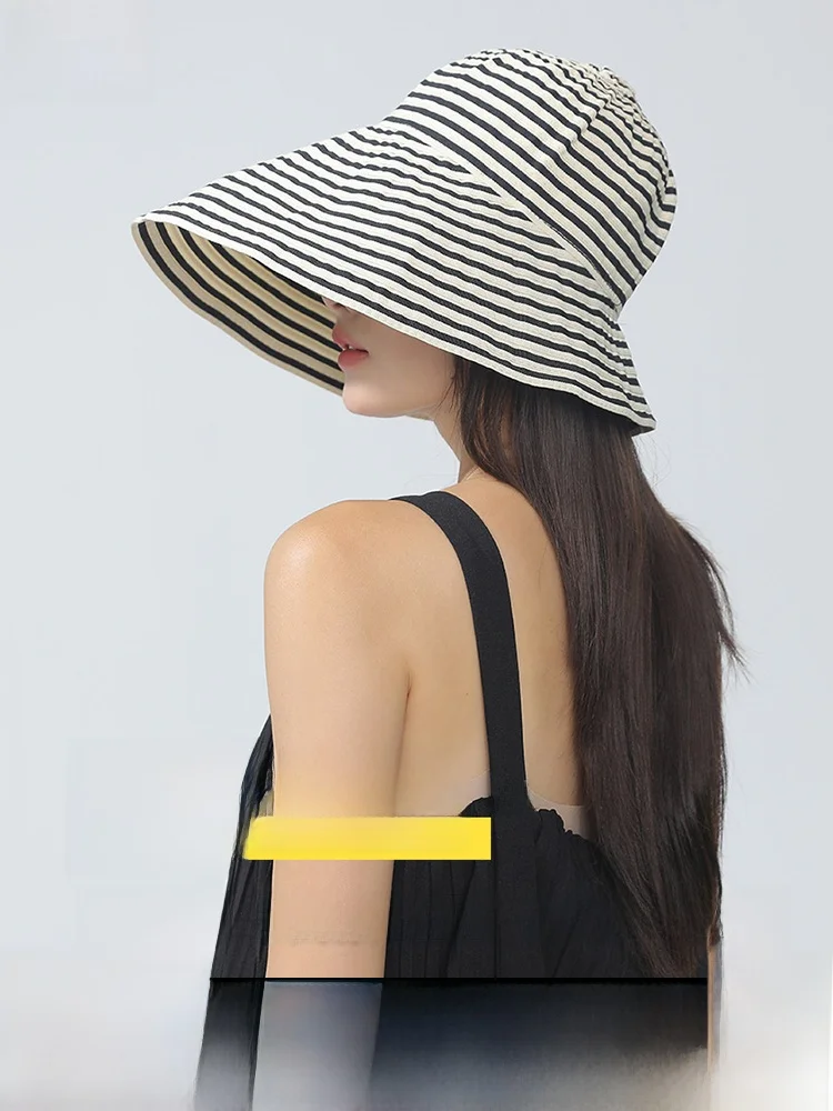 rx-uvcut-women's-summer-stripe-fishing-cap-large-brim-sun-protection-hat-foldable-beach-holiday-hat-adjustable-round-top