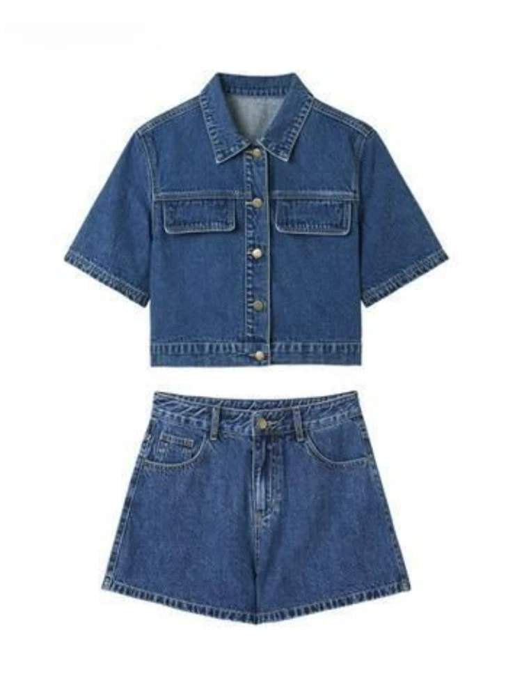 

2023 Summer Women's Korean Leisure Fashion Plus Size Denim Tops and Shorts Two Piece Set Elegant Vintage New In Matching Sets