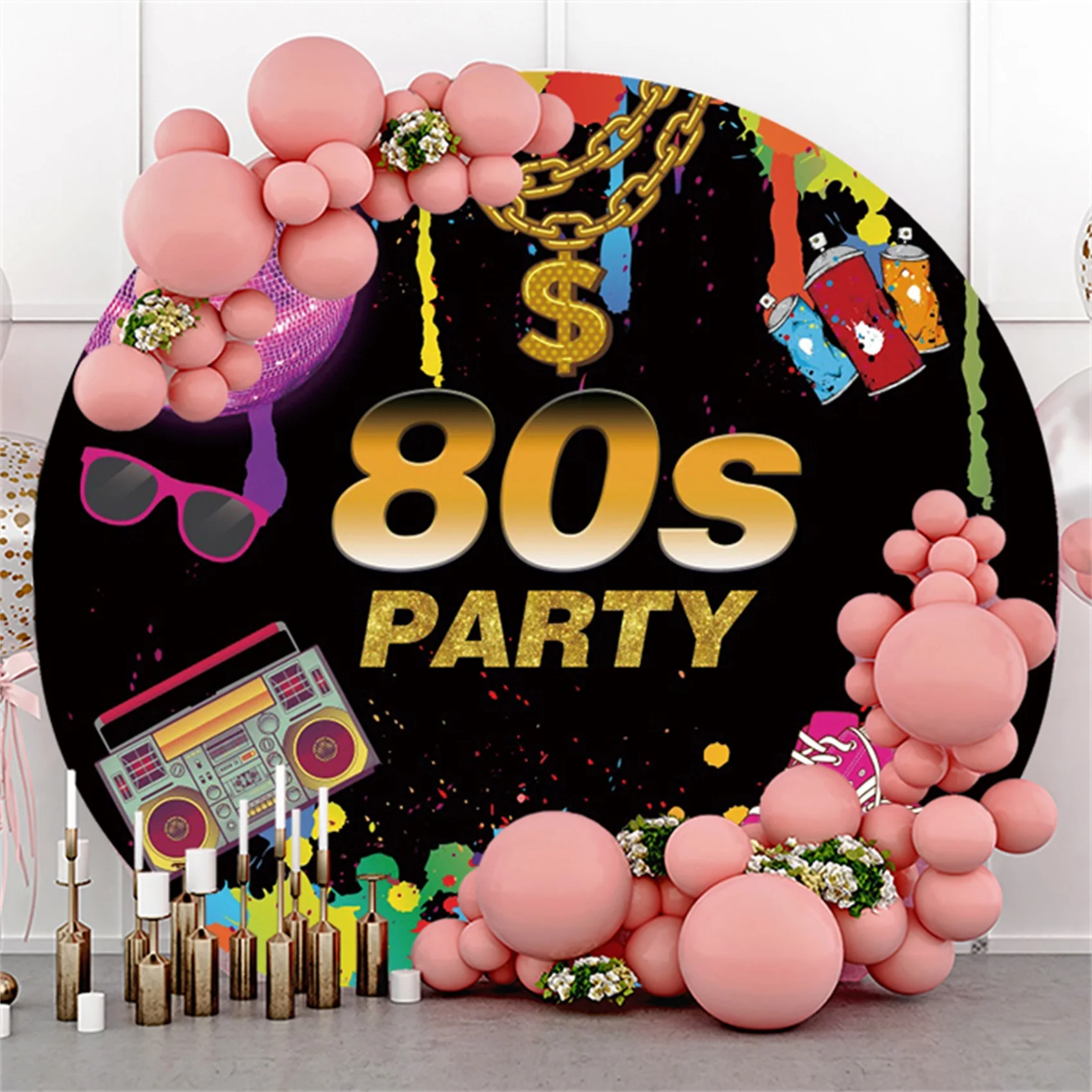 Round Retro 80's Backdrop Cover Back to The 80s Party Decoration Theme Birthday Women Men Disco Stage Circle Photo Background