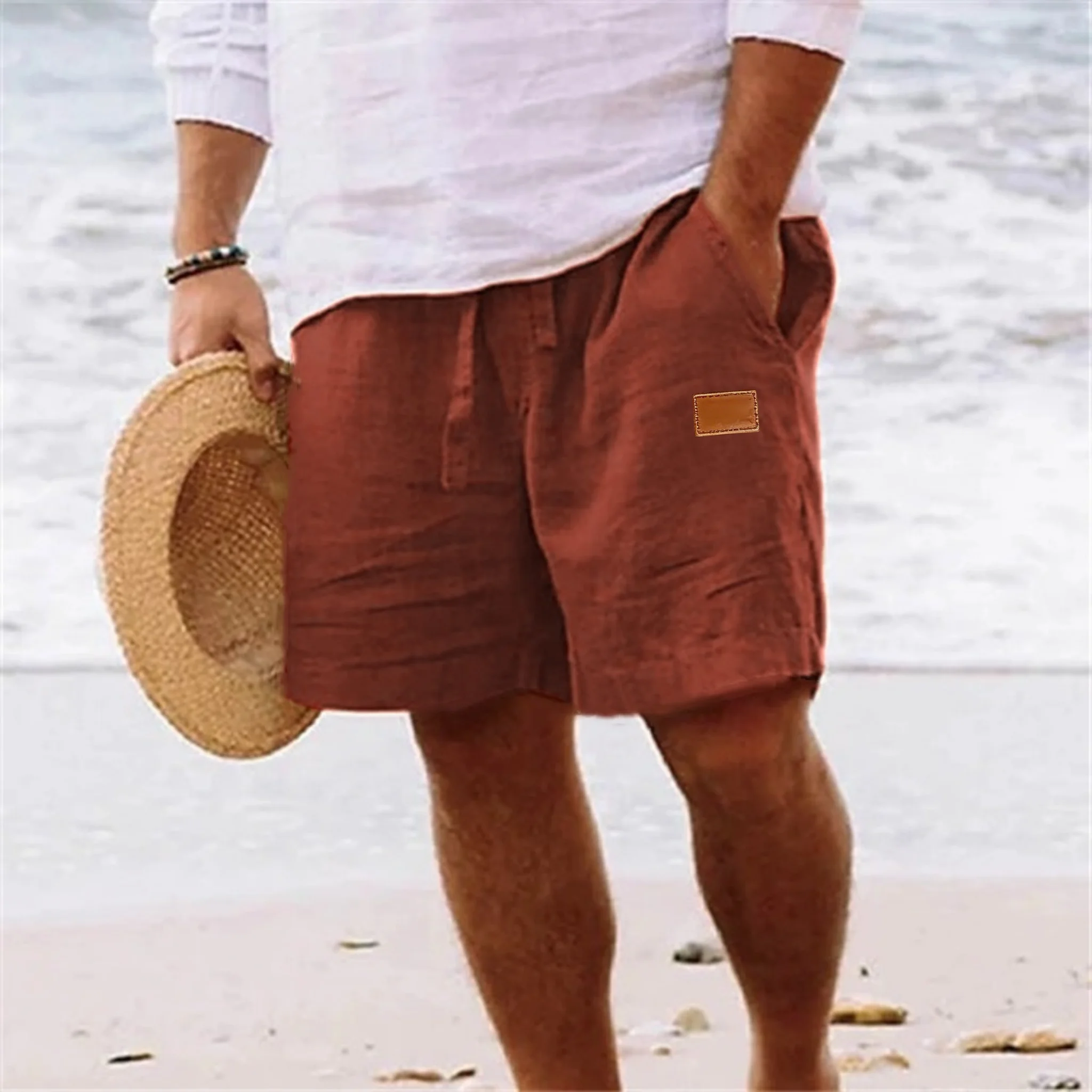 2025 Neue Sommer Herren Baumwoll-Leinen Atmungsaktive Shorts Hawaii Strandhosen Einfarbige Herrenhosen Lose Vielseitige Streetwear – Detail 14