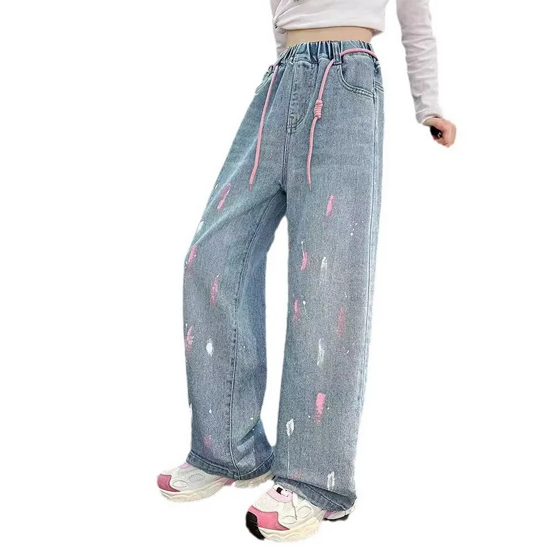 Mädchen süße Jeans mit sprüh lackierten Graffiti-Design neue Mode Denim Hose mit weitem Bein Frühling Herbst Teen Schul hose