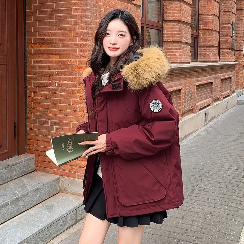 2025年 レディース ファーカラー付き 冬用ミリタリージャケット 厚手ダウンコットンコート 暖かいパッド入りアウターウェア