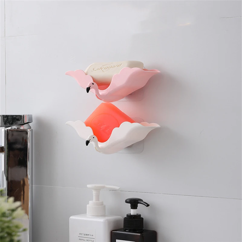 Flamingo Soap Dishes Drain Suction Cup Soap Box Wall-mounted Multifunctional Storage Shelf with Hook Bathroom Accessories