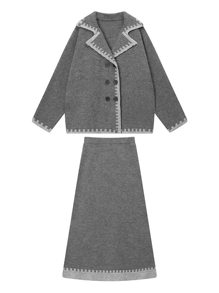 Grey Thick Sweater Set for Women's Autumn and Winter New Loose Knitted Cardigan Half Body Long Skirt Two-piece Set