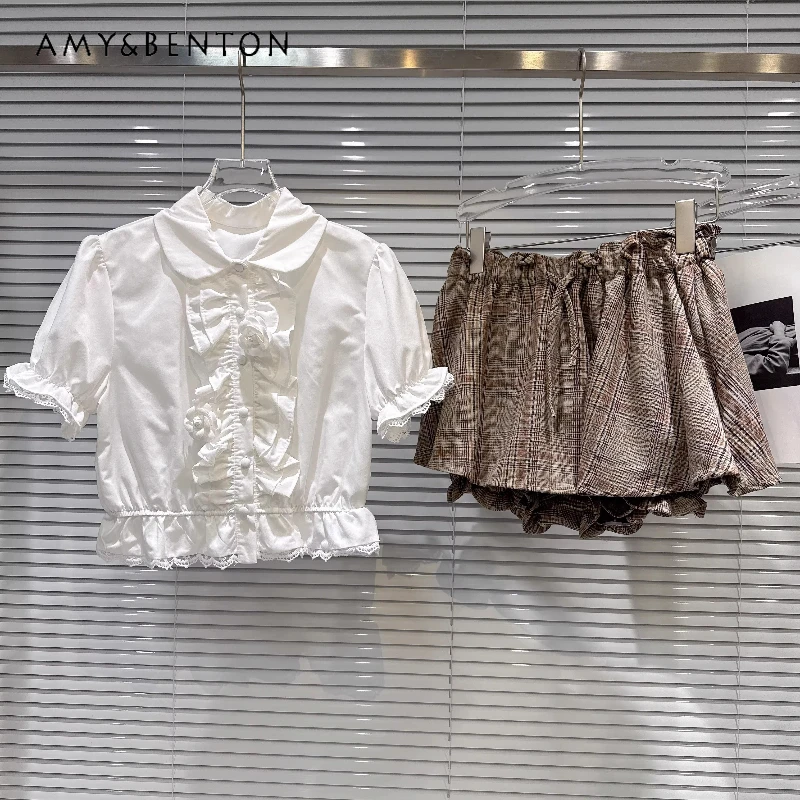 

Academy Style White Fungus Edge lace splicing Short-sleeved shirt 2026 Summer New Coffee Plaid Versatile Skirts Suits Ladies