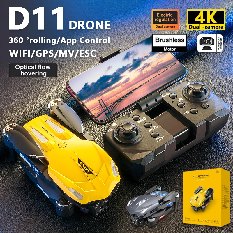 Drone D11 dengan kamera ganda 4K 360 °, pesawat nirawak lipat Rc FPV aliran optik pencegah hambatan GPS