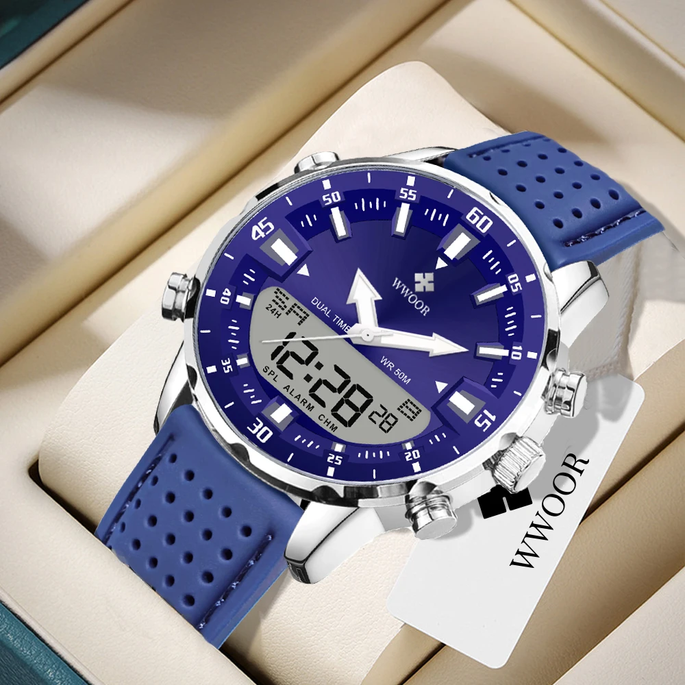 

WWOOR Original Men's Watch Military Luxury Quartz Digital Analog Sport Wrist Watch For Man Waterproof Luminous Rubber Male Clock