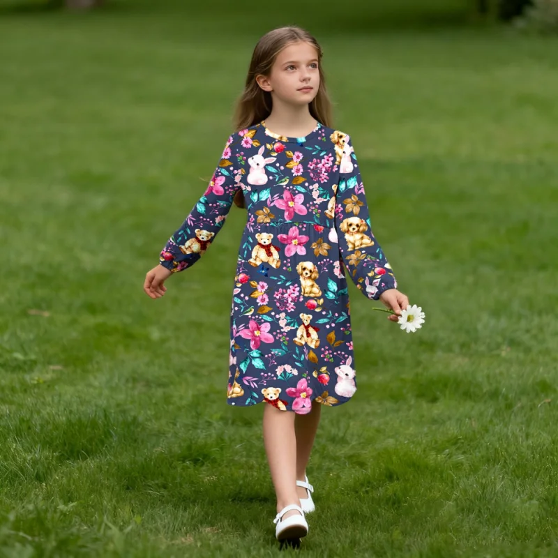 

2025 Girls Spring and Autumn, Childlike Bear and Flower Dress, Cute Long-sleeved Dress