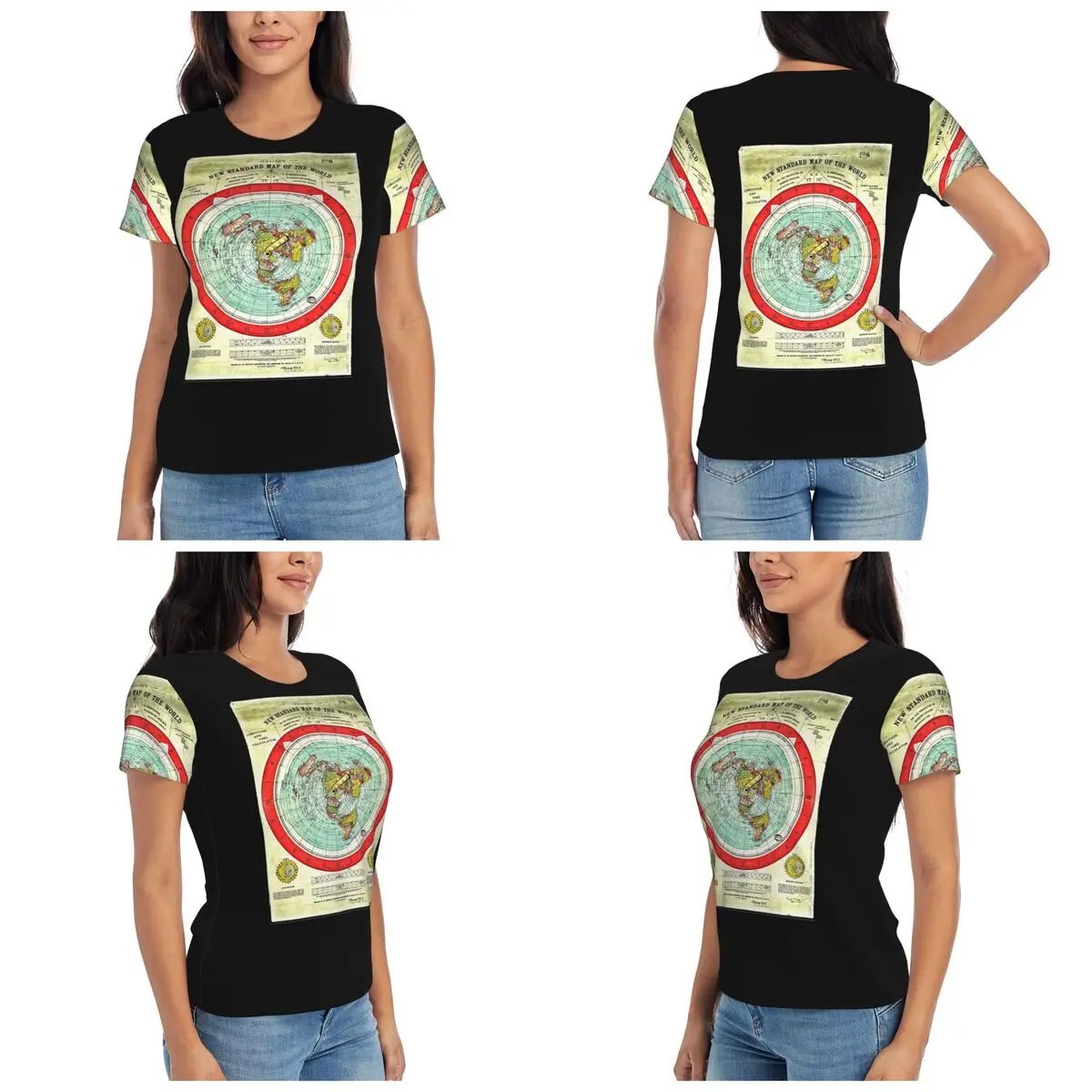 Gleason  Flat Earth Map Research Flat Eart T-Shirt for Women O-Neck Streetwear T Shirts Women's Short Sleeve Summer Clothes Tops