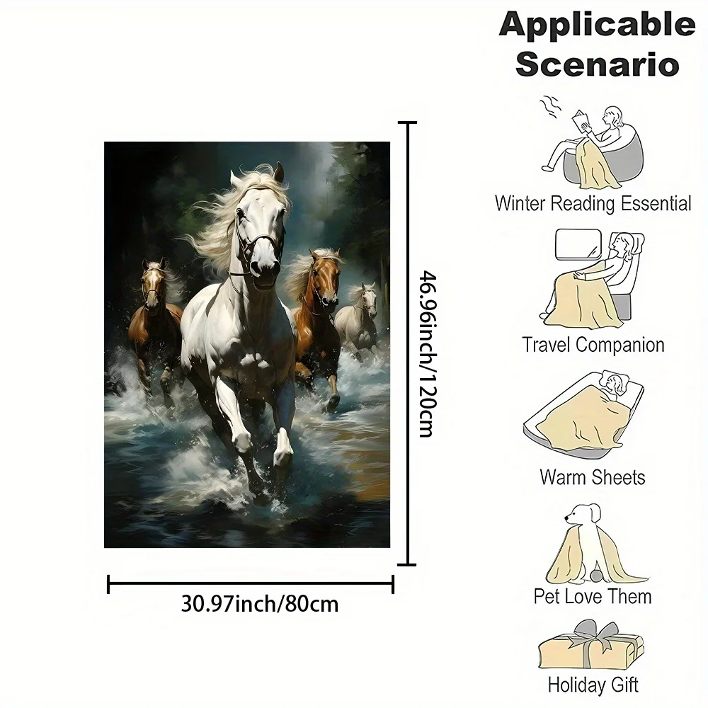 All-Season Reversible Fleece Throw Blanket with Galloping White & Brown Horses - Heavyweight  GoldenGrey Horse