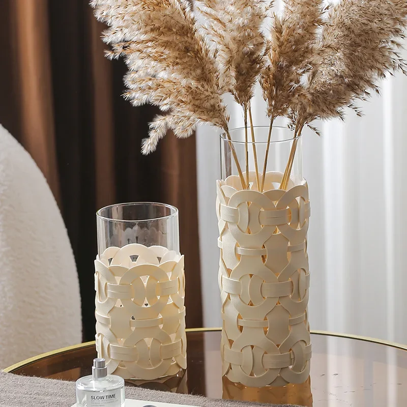 Woven Leather Glass Vase Home Decor Tabletop Vase Ornament Modern Transparent Straight Glass Flower Arrangement Home Accessories