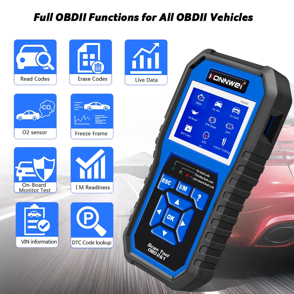 KONNWEI KW450 Obd2 قارئ رمز الماسح الضوئي أداة تشخيص النظام الكامل لـ VAG لشركة فولكس فاجن لأودي لمقعد لسكودا
