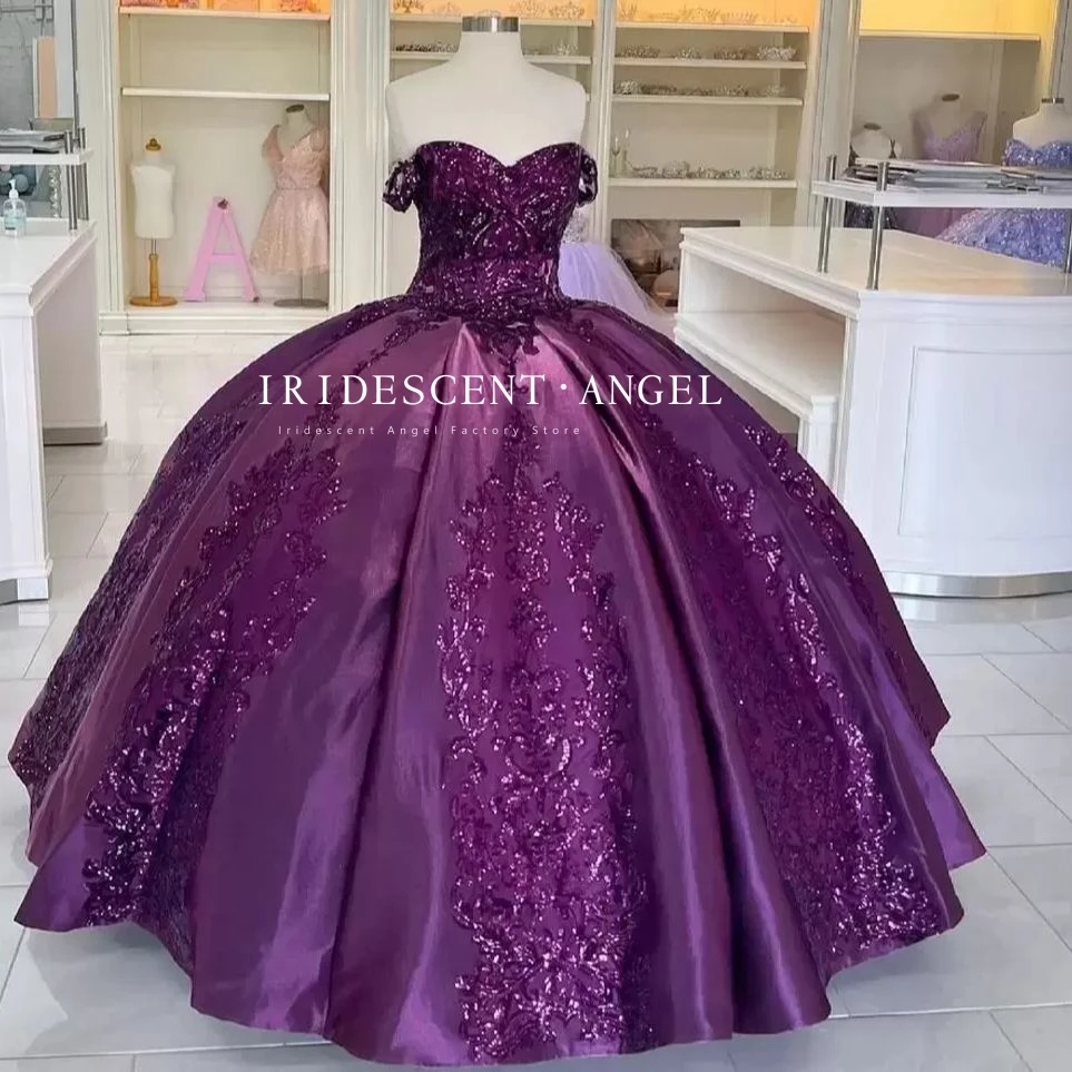 

IRIDESCENT Dark Purple Ball Gown Quinceanera Dresses Lace Up Patterned 3D Bling Sequined Applique Off the Shoulder Prom Party