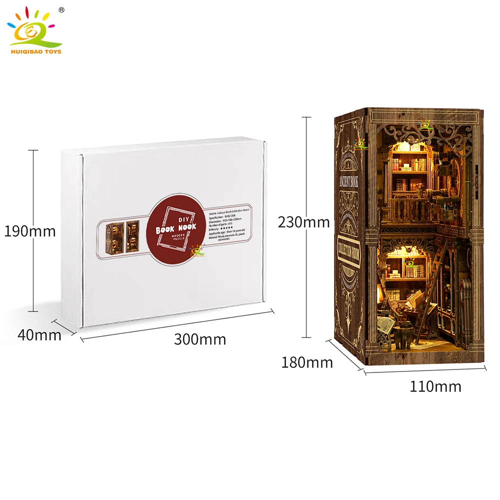 HUIQIBAO DIY Retro Bookstore Bookshelf Model 3D Wooden Puzzle Assemble Book Nook Shelf Miniature Building Kits Handmade Toys