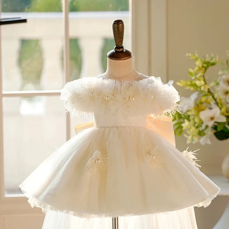 Jill Wish Elegant Chamapgne Flower Girl Dress with Bow Pearls Princess Toddler Kid Wedding 1st Birthday Pageant Party Gown J414A