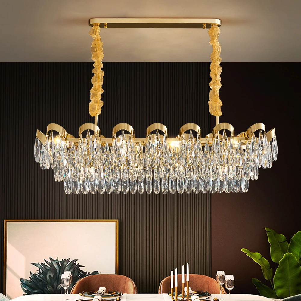 

Led Crystal Chandelier For Dining Room Creative Modern Lighting Fixture Rectangle Gold Lamp Luxury Home Decor Kitchen Lustre