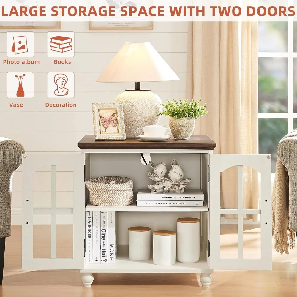 Tavolino con stazione di ricarica, tavolino da divano grande da 24 pollici con porta della stalla in vetro, comodino in legno rustico, comodino quadrato