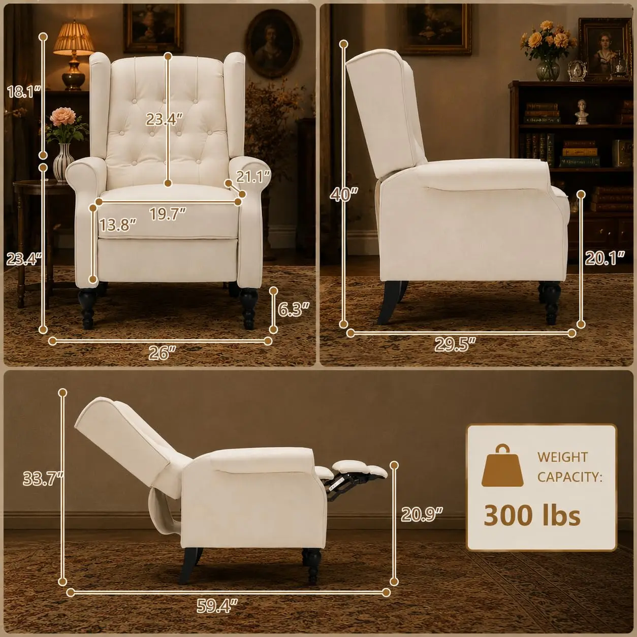 Wingback Recliner, Linen Push Back Recliner with Tufted Back & Footrest, Manual Recliner for Living Room & Nursery, Customized
