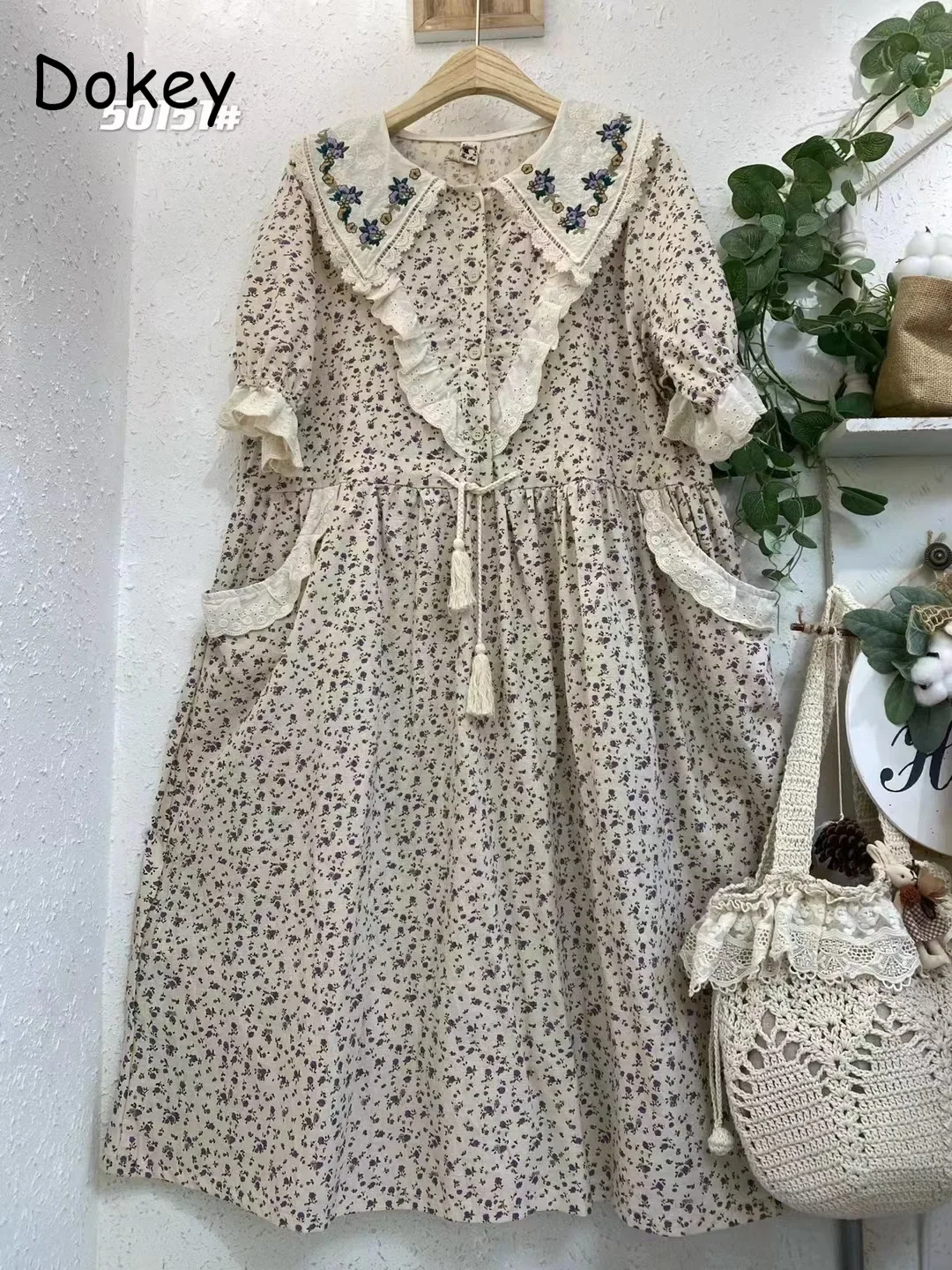 Vintage Embroidery Mori Girl Art Print Dress Women Japan Peter Pan Collar Lace-up Loose Floral Dress Casual Cotton Linen Vestido
