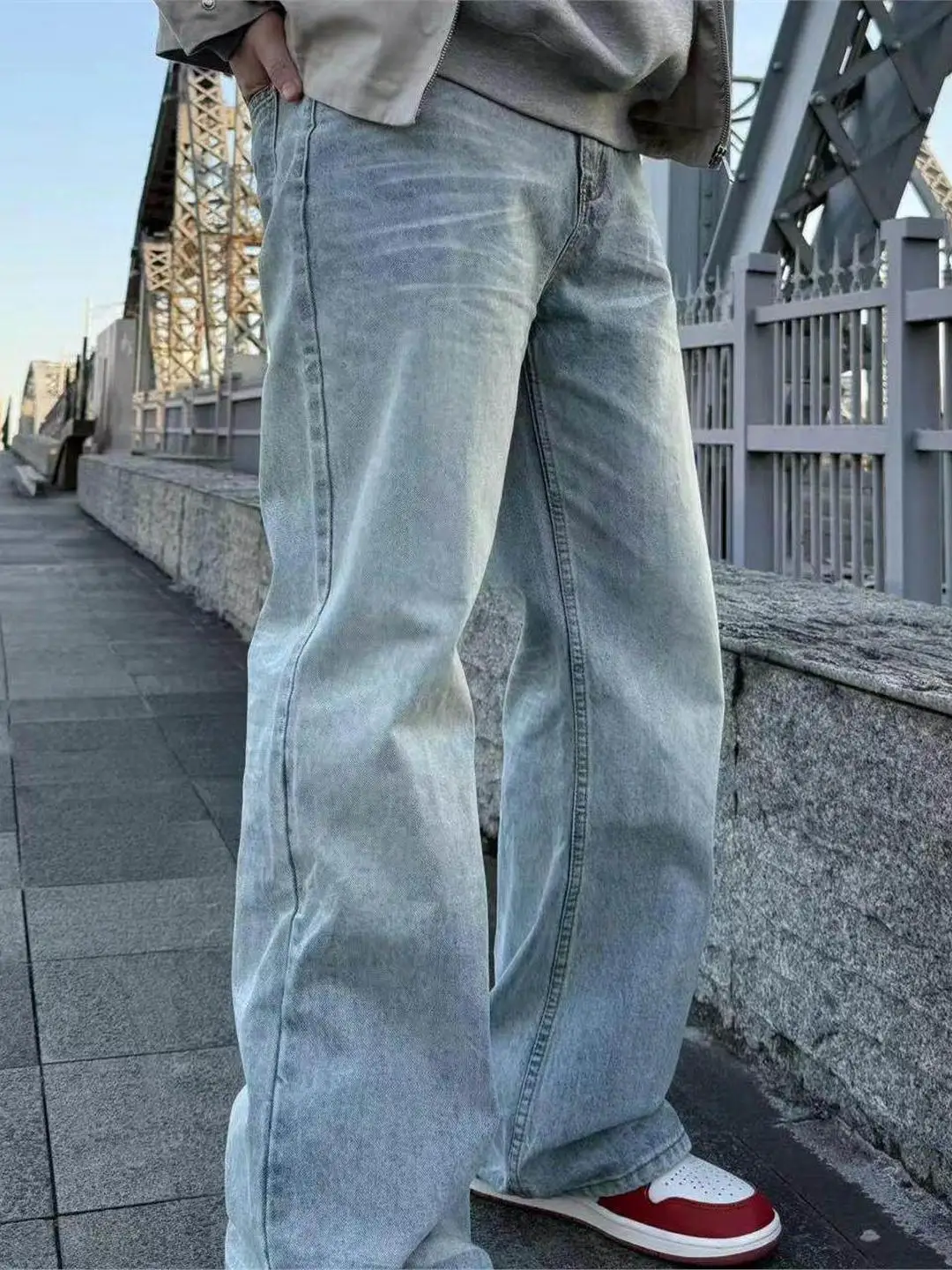 

Мужские джинсы в стиле ретро American High Street, синие, с эффектом потертости, свободного прямого кроя, широкие, повседневные, длинные брюки