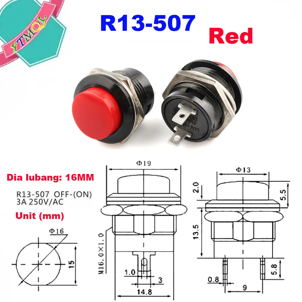 1Pcs R13-507, Sesaat, 2 Pin, Sakelar Tombol Tekan Bulat Mini, Reset Sendiri, Peralatan Listrik, Lubang Panel 16MM, 3A 250V/AC