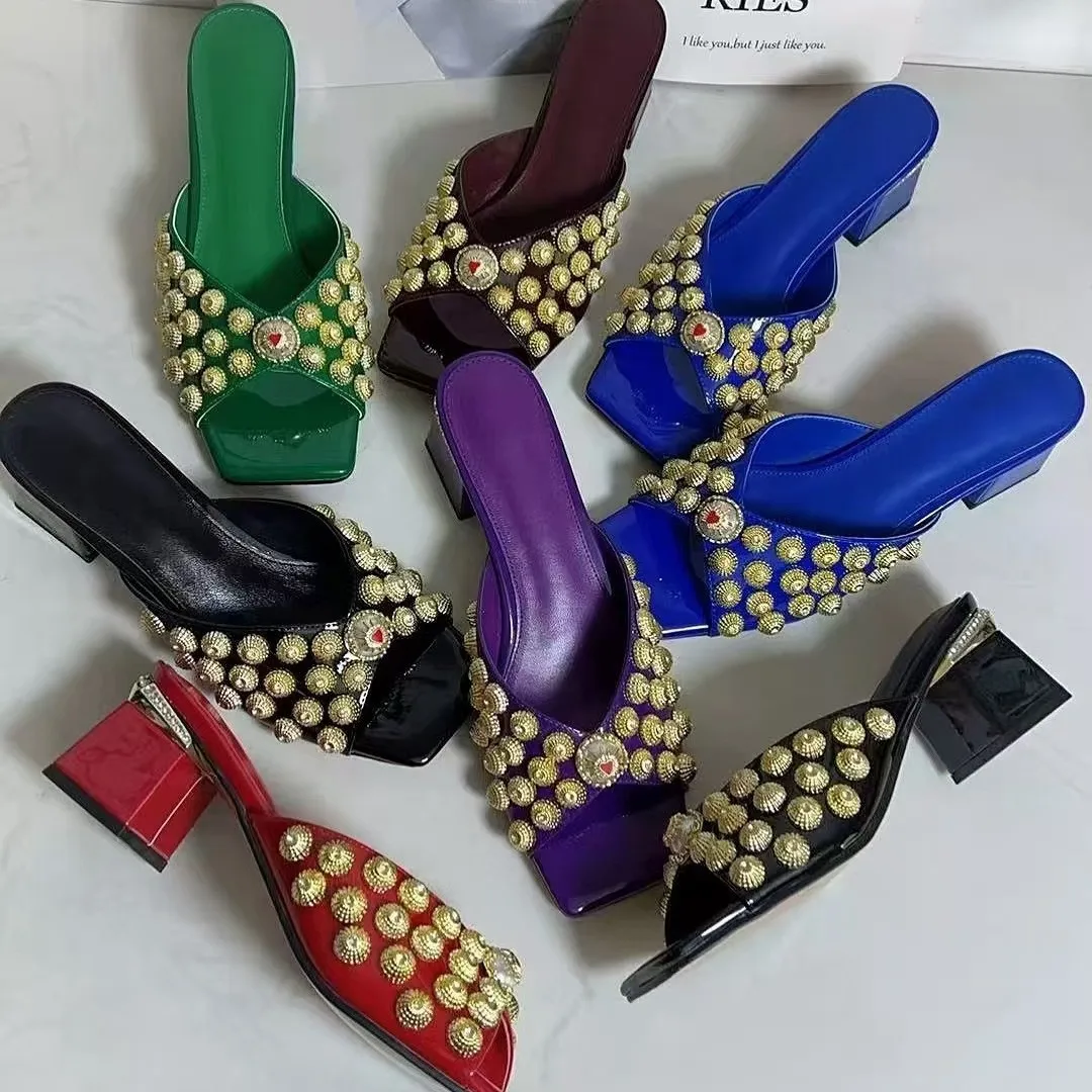 Women's Patent Leather Embellished Mule Sandals Square Toe Block Heel with Gold Studs for Festivals Night Out Street Style Bold