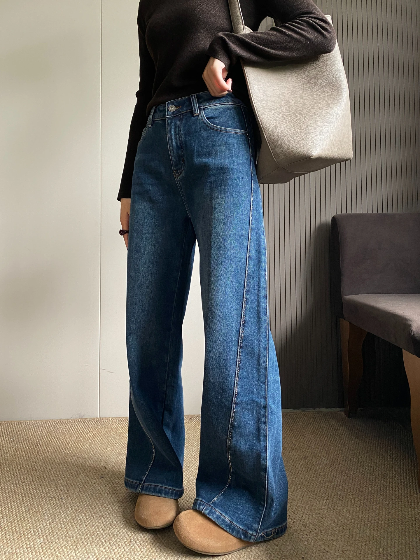 

Джинсы женские с высокой талией, широкими штанинами и прямым кроем из денима, осенне-зимние, новые, повседневные, стройнящие брюки