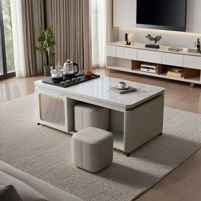 Modern rock slab multi-functional kung fu solid wood tea  movable coffee with tea  integrated dining