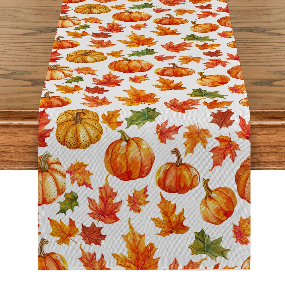 Autumn Maple Leaf Pumpkin Watercolor Table Runner Kitchen Dining  Table Decoration for Indoor Outdoor Home Table Runners