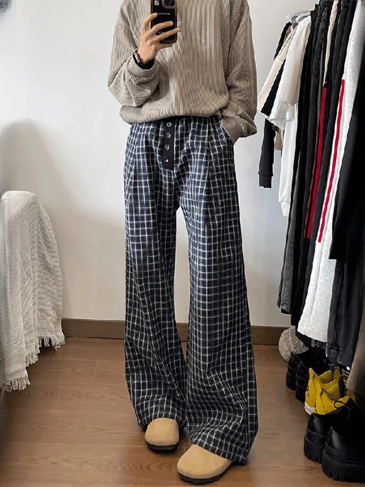 American Retro Contrast Color Plaid Wide Leg Pants Men's Spring Autumn Loose Lazy Sle Floor-Length Straight Tube Casual Pants
